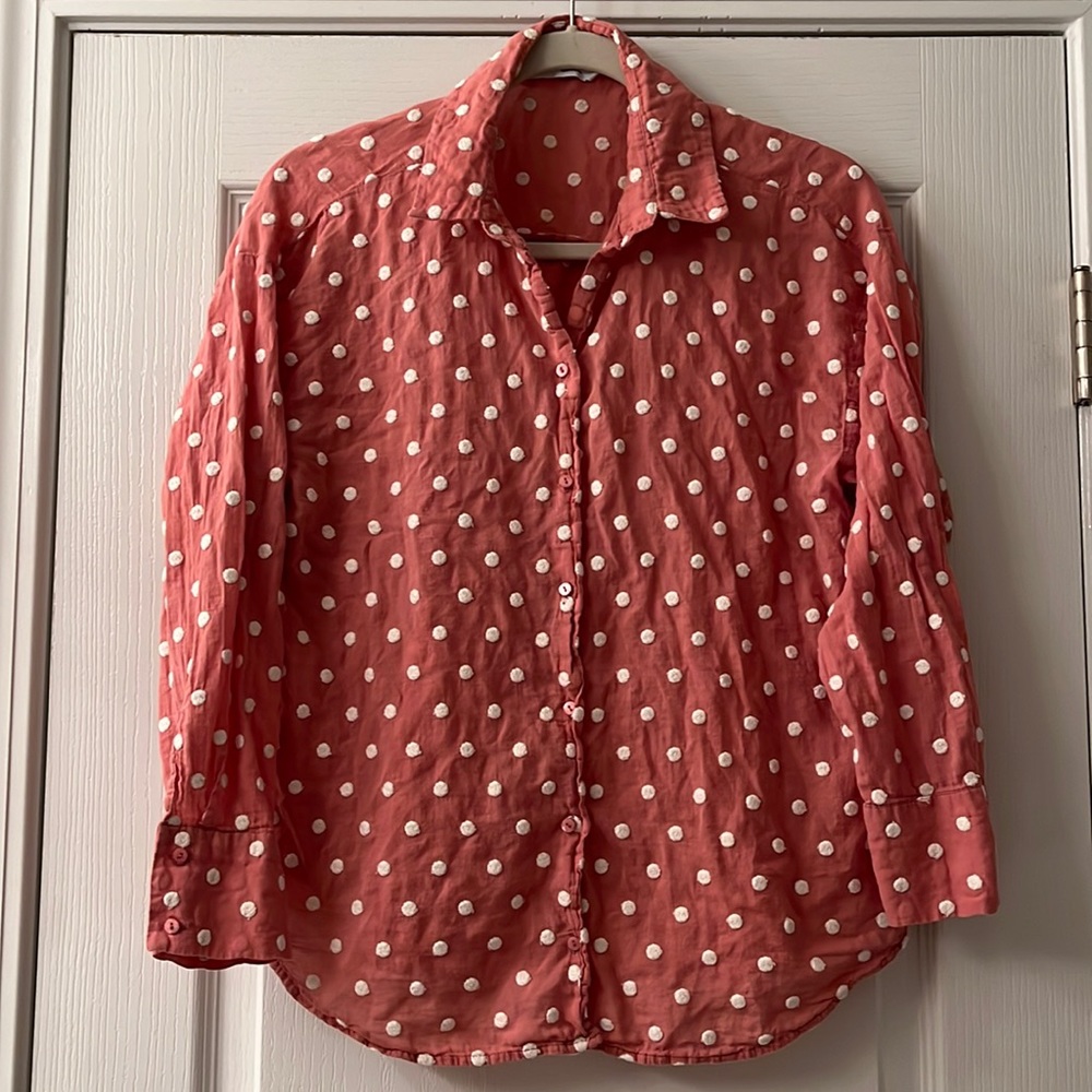 Zara Pink Embroidered Polka Dot Button Down Shirt